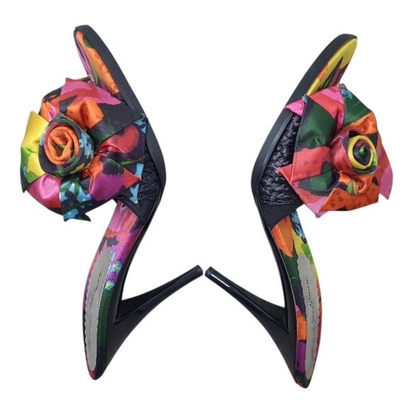 Vintage Beverly Feldman “Enrich Me” Black Linen Peony Sandals with Heels Size 7 - Picture 7 of 11